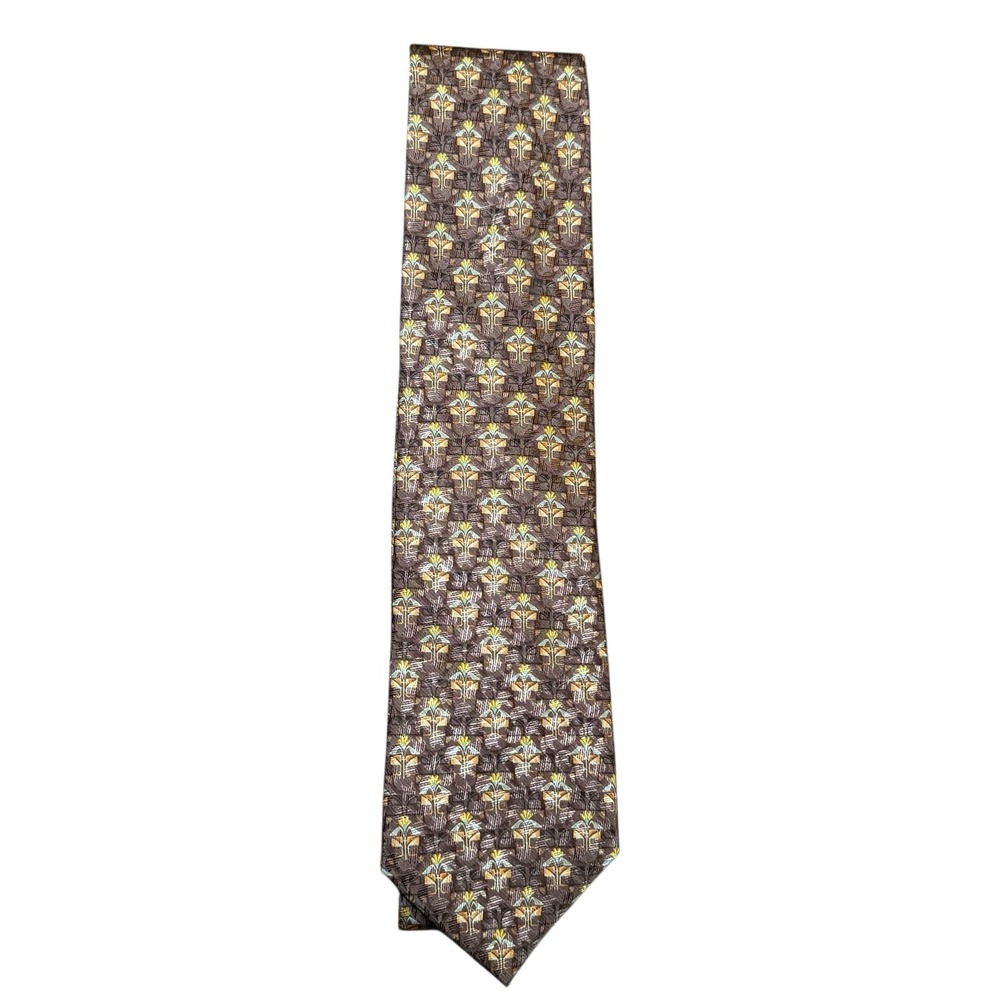 Ermenegildo Zegna Silk Jacquard Tie Brown Geometric Floral Designer Mens Italy - Picture 6 of 6